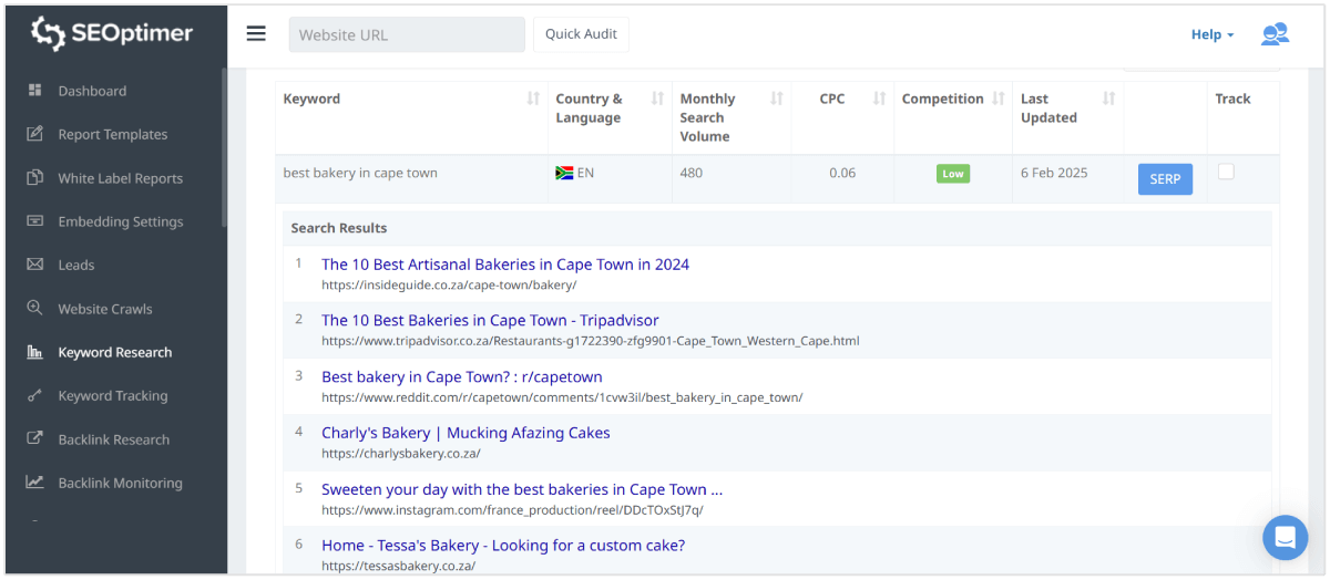 Local keyword research results